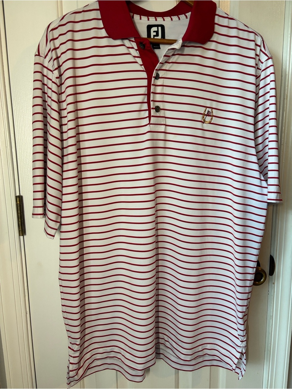 FootJoy White Polo with Red Stripes men’s large Golden Horseshoe Golf Club